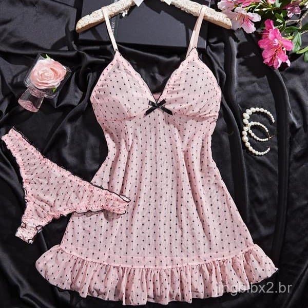 Conjunto de Camisola e Pijama Feminino Rosa com Decote V Profundo e Poás em Malha Elástica 7.21