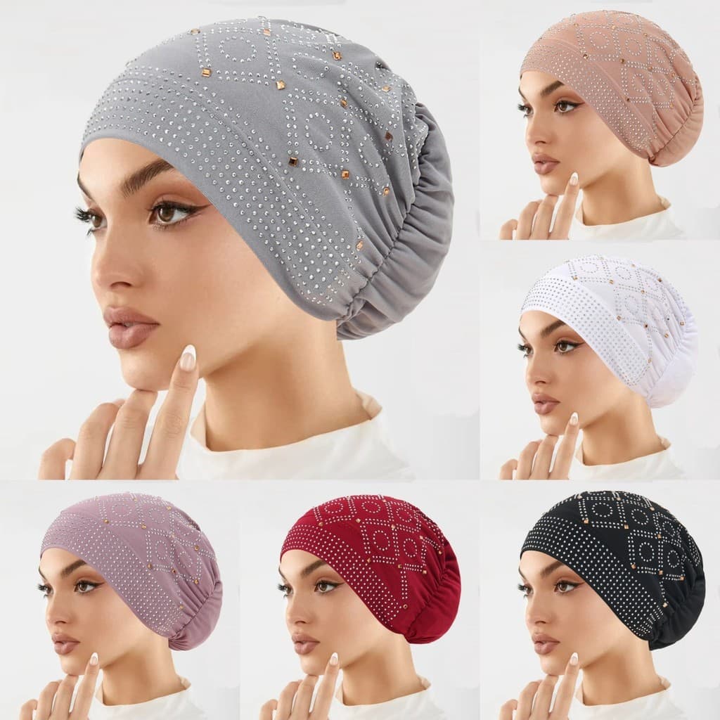 Novo lenço de cabeça feminino de linho com cristais de strass, boné base, chapéu de cabeça.