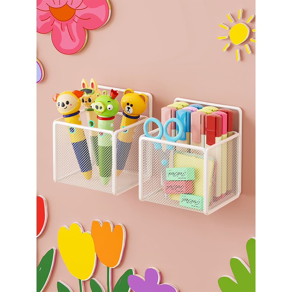 Crianças leitura caneta rack de armazenamento estudante parede papelaria organizador cesta perfuração-livre fixado na pa