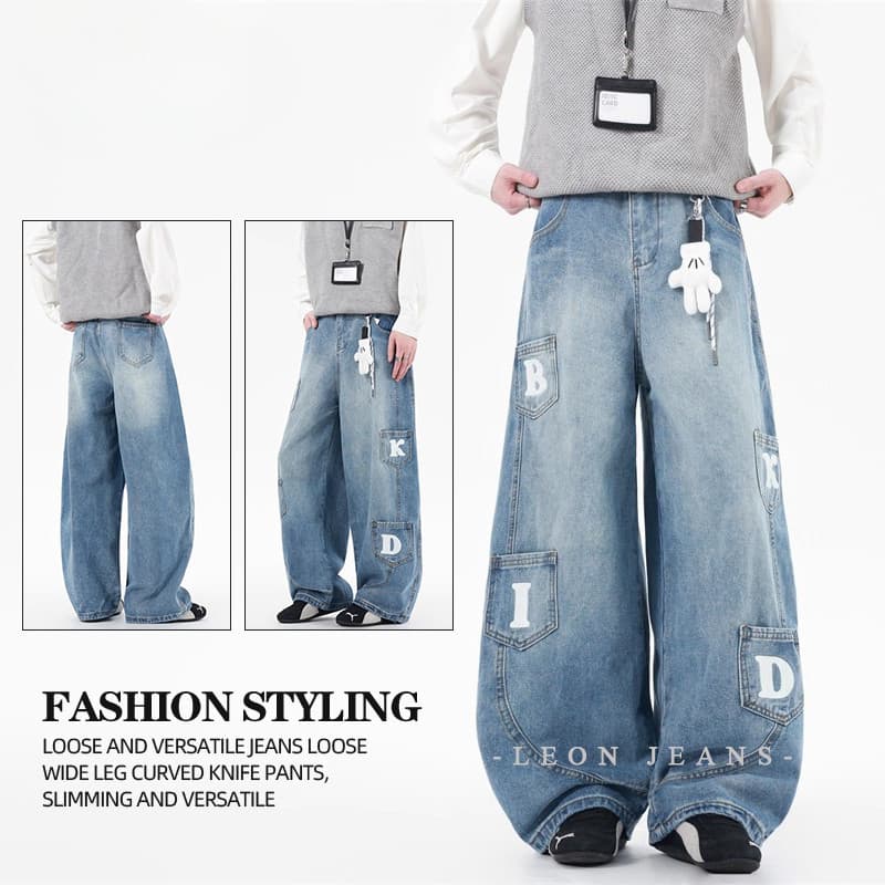 Calças masculinas de rua calças soltas calças Jeans masculinas Multi-bolso calças de perna larga Jeans lavados calças so