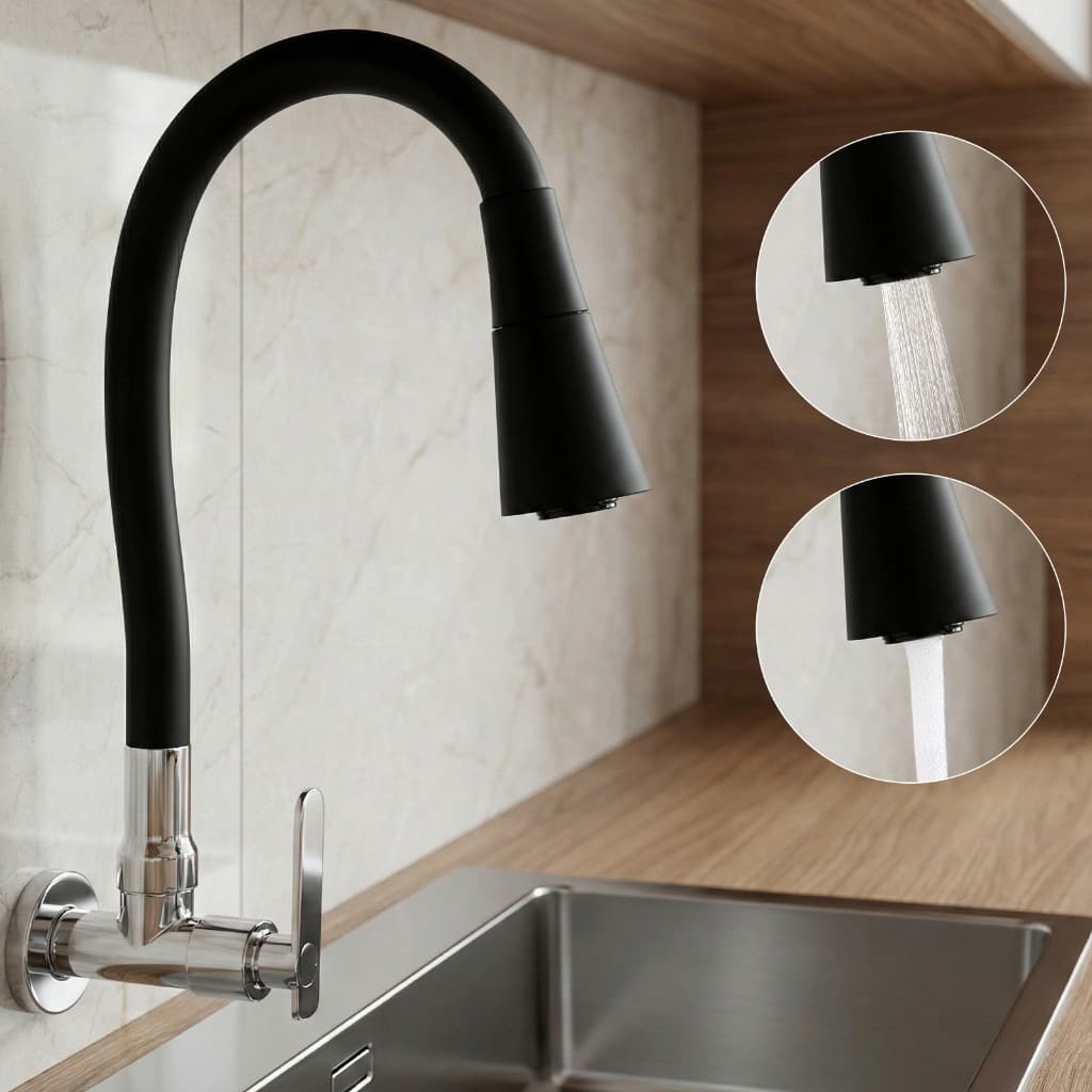 Torneira de Cozinha Gourmet de Parede Preta Flexível 360° 2 Jatos 1/4 de Volta Monocomando