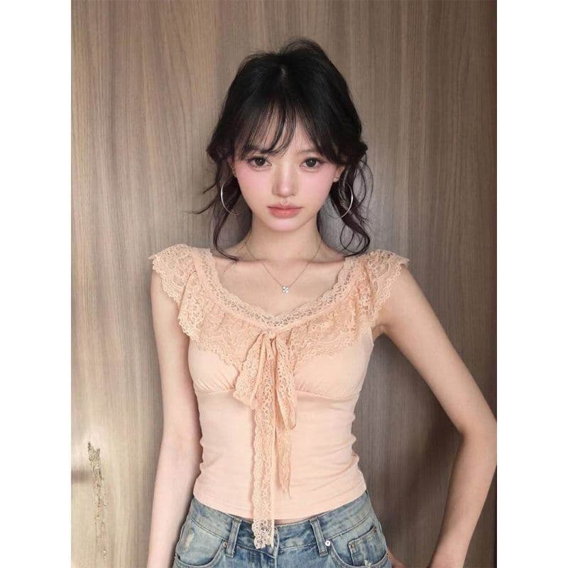 [Seckill por tempo limitado] Hot Girl Lace Trim Estilo Curto, Gola V Pequena Manga Voadora Camiseta Verão Slim-fit Slimm