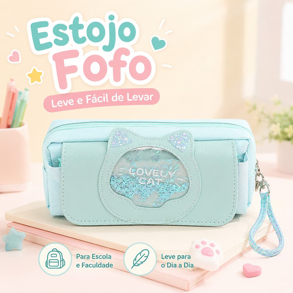 Estojo Escolar Feminino Kawaii Gato com Glitter para Lápis Canetas e Papelaria Fofa