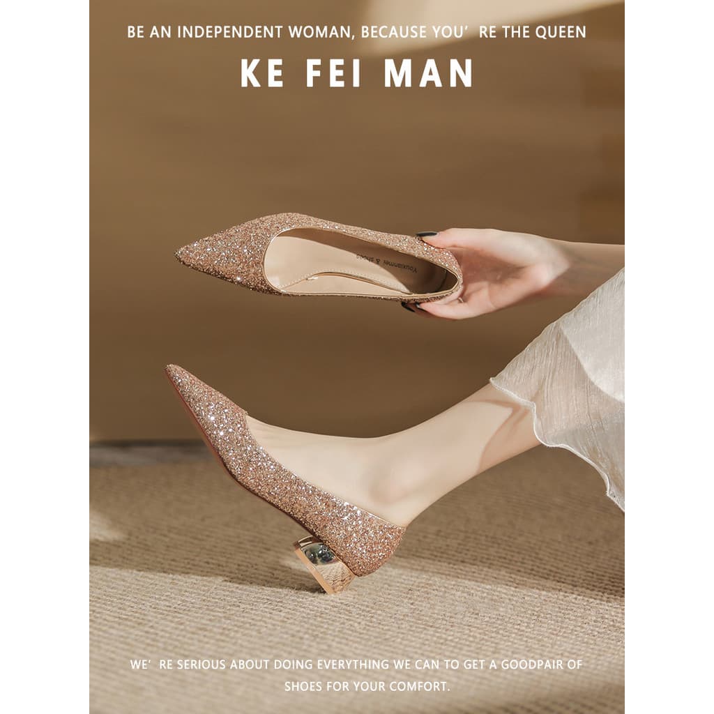 [Coffeyman] Sapatos de salto grosso com lantejoulas femininos 3 cm salto pequeno salto baixo bico fino salto alto salto