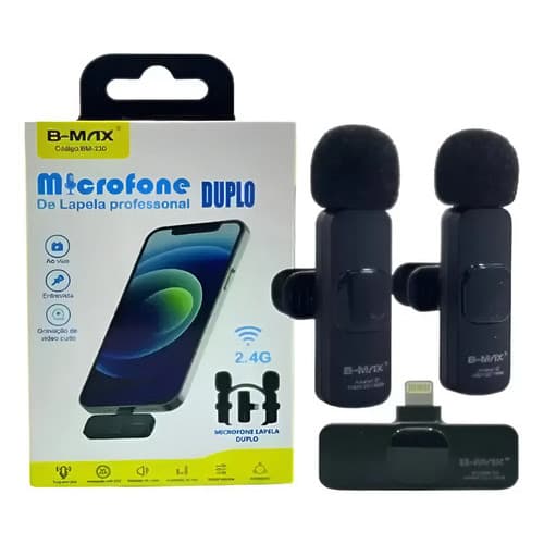 Microfone Lapela Sem Fio Duplo B-max Condensador Preto Tipo C e iOS Recarregável