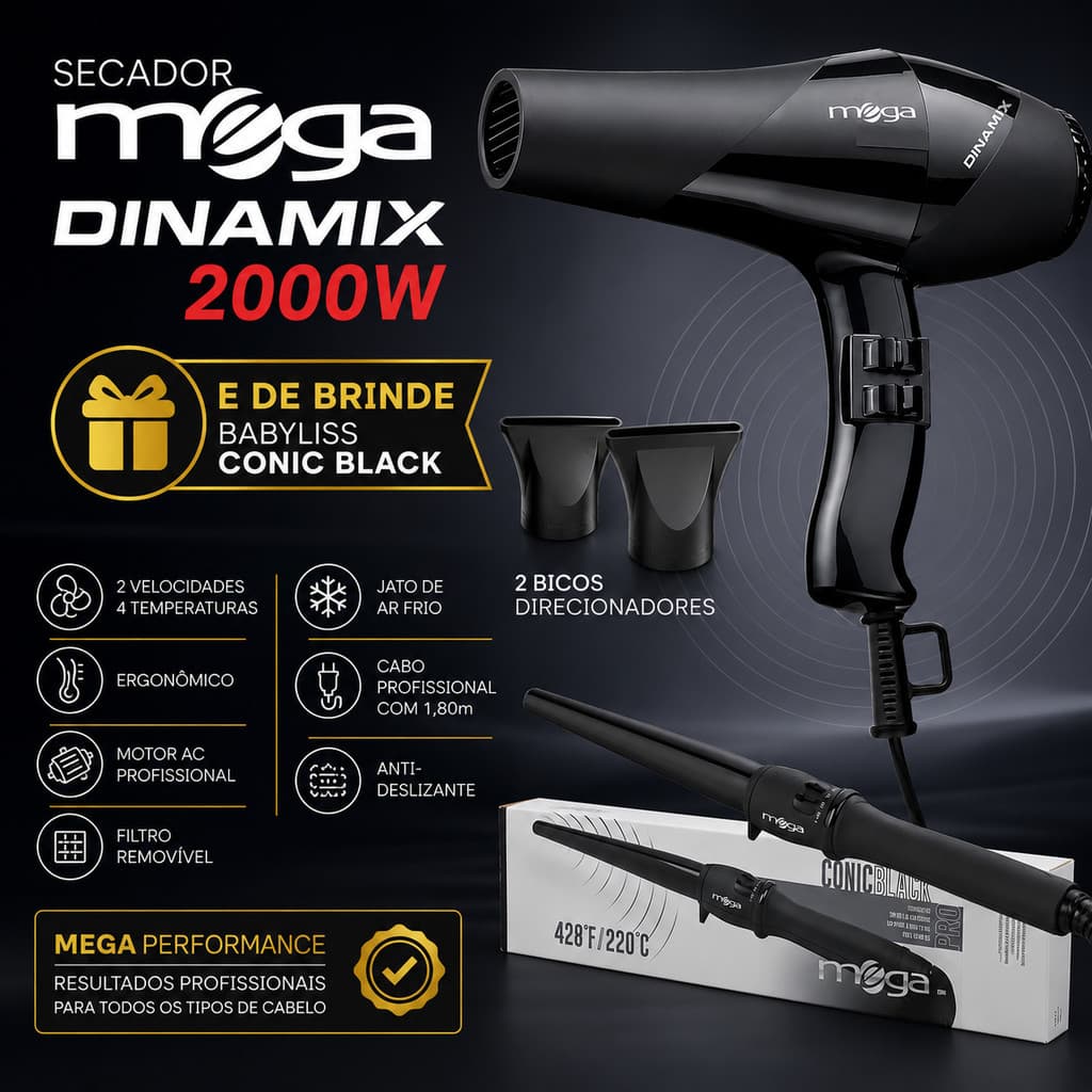 Secador Mega Profissional Dinamix 2000W + Babyliss Conic Black