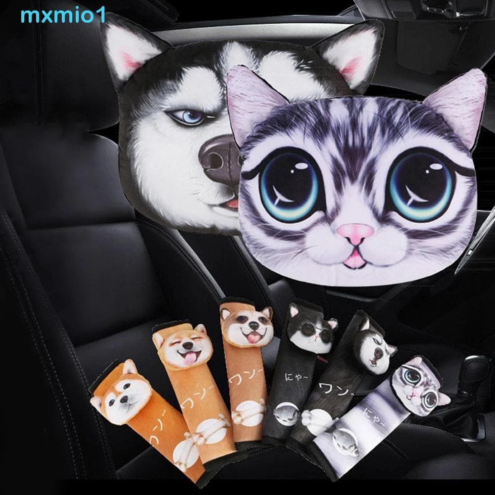 Travesseiro De Pescoço De Carro , Almofada Fofa De Desenho Animado , Suporte De Assento , Rosto De Cachorro , Cinto De S