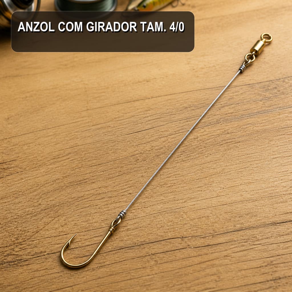 Anzol Tam 4/0 com Líder Metálico e Girador para Pesca Reforçado com Farpa para Rios, Lagos e Pesqueiros