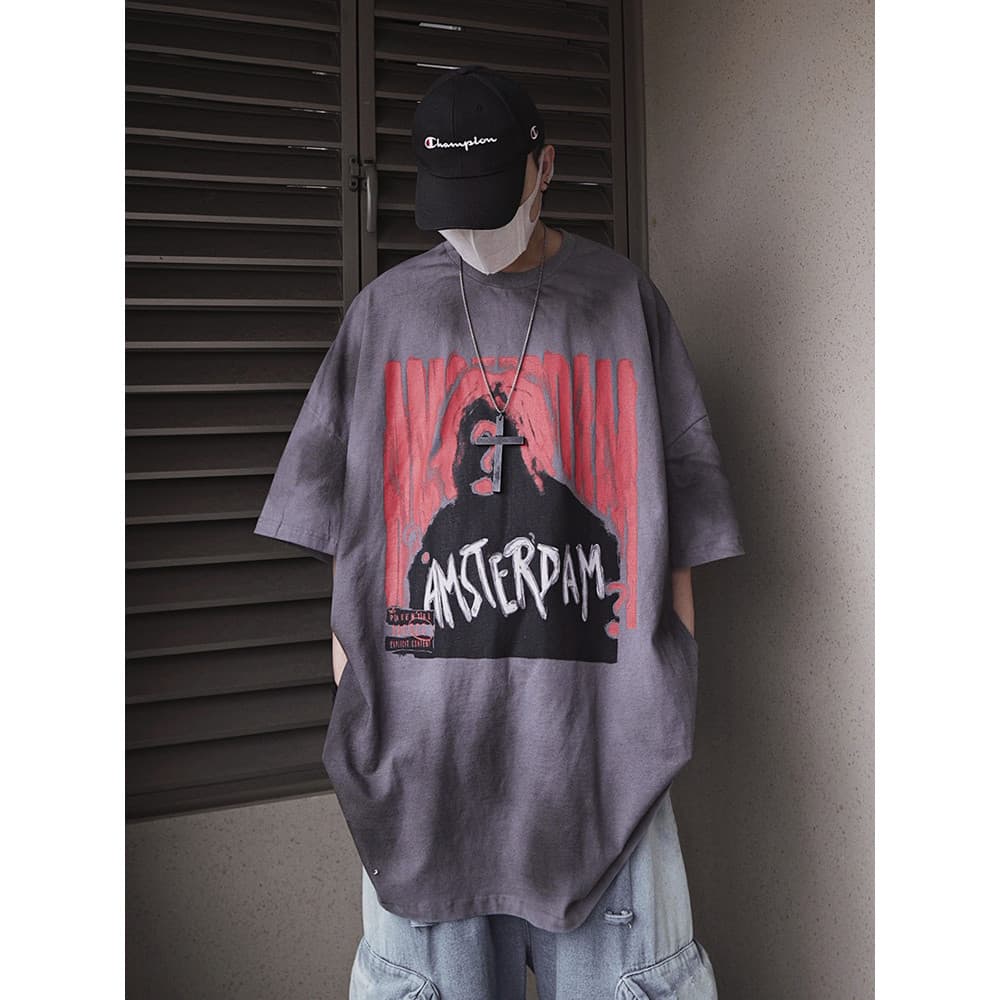 UUCSCC Hip-Hop Retro High street angustiado solto manga curta camiseta street Wear oversize pesado impresso Hal
