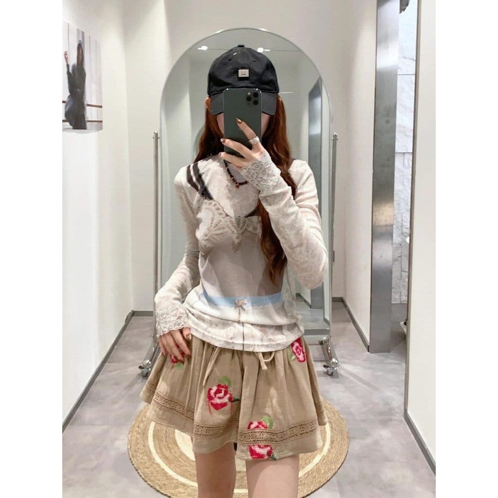 3D Sling Art < Lace Collar Cuff Camiseta de manga comprida 2026 Primavera Verão Novo estilo Design de moda Top