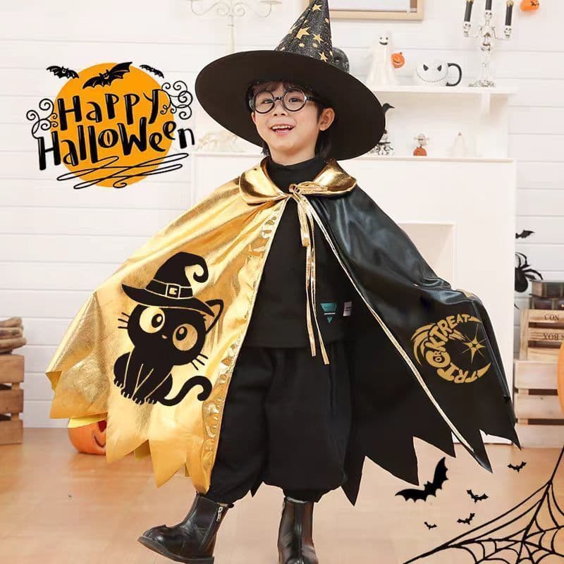 2026 Novo Estilo Halloween Capa Infantil Impressa Roupas de Bruxa Conjunto de Capa Mágica