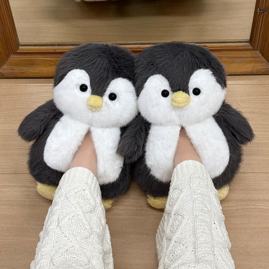 Bonito pinguim chinelos de algodão feminino inverno 2026 novo estilo interior casa antiderrapante quente salto de pelúci