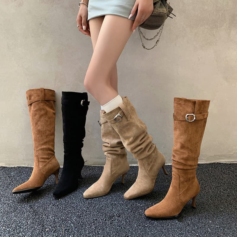 Novo estilo apontou Toe Stiletto mais magro olhar botas femininas pilha botas fivela de cinto plissado botas de salto al