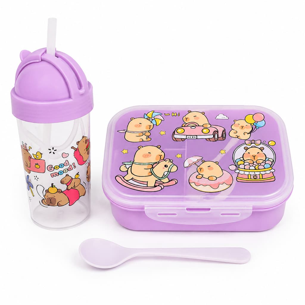 Kit Alimentação Infantil Marmita com Divisórias Copo 300ml Colher BPA Free Viagem Escola