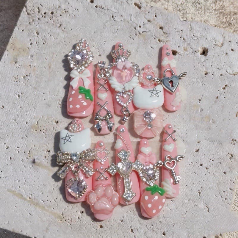 Subcultura Feminino Bonito Artesanal Imprensa Em Unhas Longo Stiletto 3D Arco Coração Diamante Coroa Pata De Gato Morang