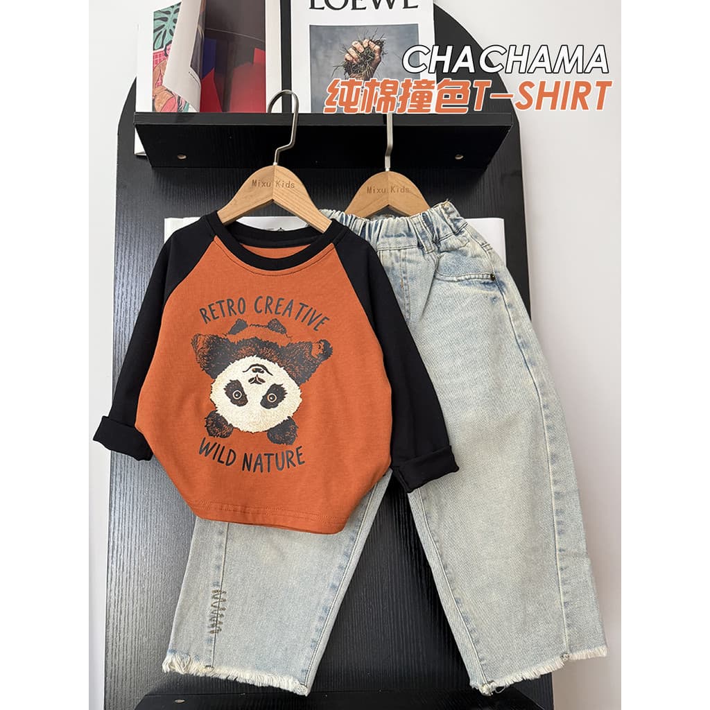 Tea Mom Roupas Infantis Meninos Camiseta de Manga Comprida Bebê Primavera Outono Novo Estilo Retro Costura Contraste Cor