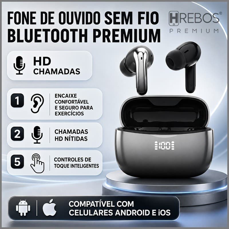 HREBOS Fone Bluetooth TWS  com Display Digital de Bateria, Chamadas HD, Controle Toque, Compatível Android e iOS