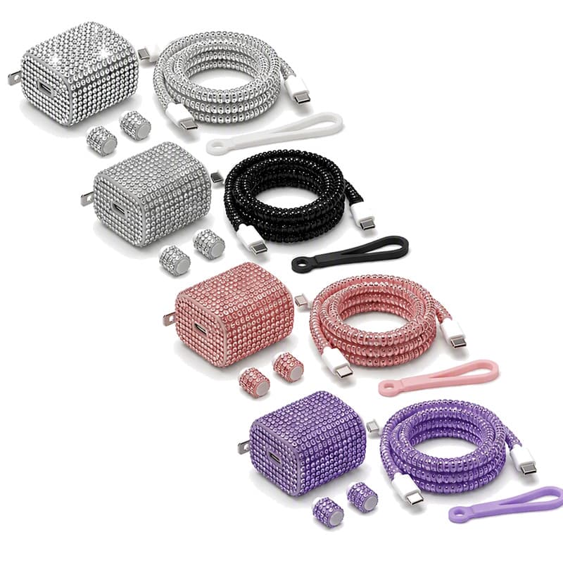 Kit Capa Carregador Strass, Protetor de Tomada 5 em 1 com Organizador de Cabo Anti-quebra, Compatível com iPhone