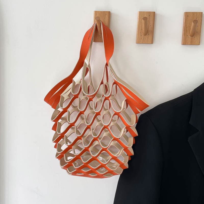 Bolsa Dobrável De Couro Vintage Crossbody Ao Ar Livre Portátil Malha Oca Ombro