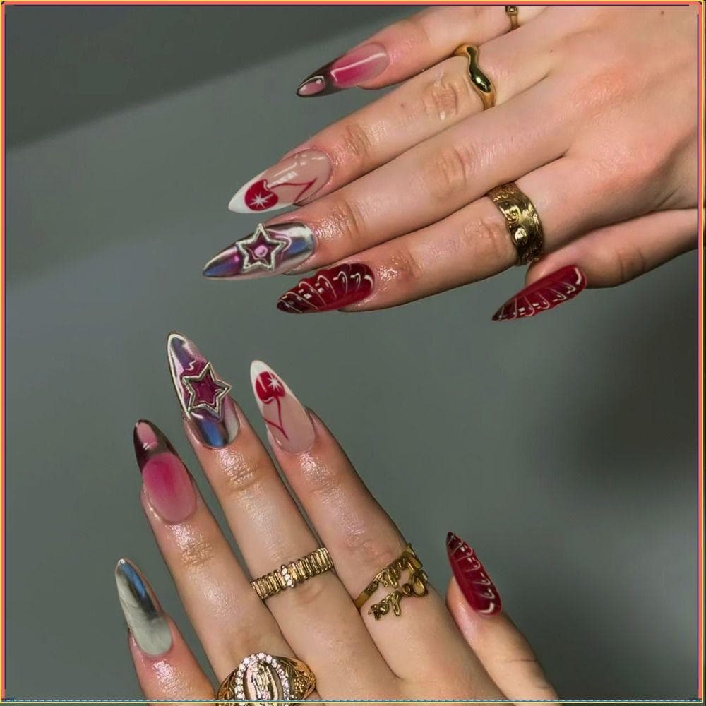 24 Peças De Unhas Falsas , Nials Falsos De Amêndoa Longa Francesa , Prensa De Cor Cereja Destacável Simples Em F