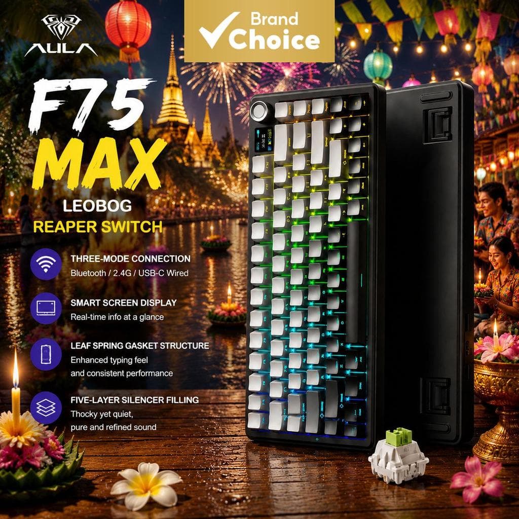 Teclado Mecânico Sem Fio Aula F75 MAX RGB, Teclado Gamer, Switches Substituíveis, Layout 75%, Design Compacto