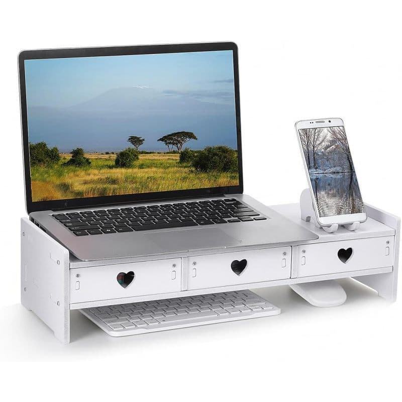 Tofficicu Monitor De Computador Riser Com Gaveta Prateleira De Mesa Branca Para E Teclado Rack De Armazenamento Organiza