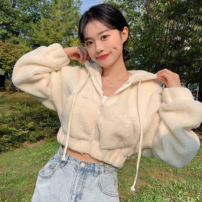 Moletom curto coreano topo cor s贸lida idade-reduzindo l茫 de cordeiro moletom com capuz feminino z铆per curto moletom outo