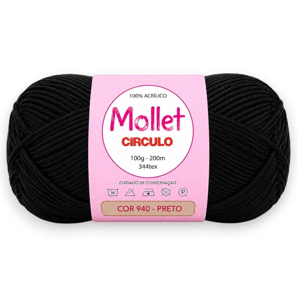 Fio Mollet Círculo 100g 200m Cor 940 Preto – Lã Acrílica Premium para Tricô e Crochê