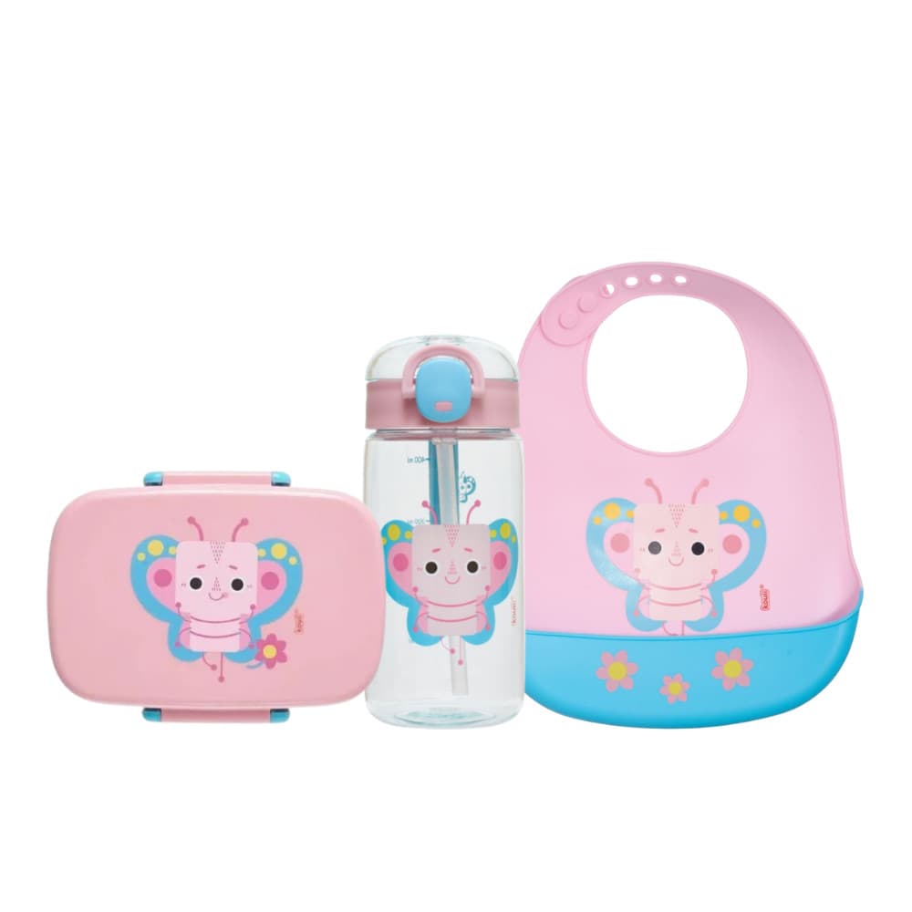 KIT GARRAFA, BABADOR SILICONE E BENTO BOX BORBOLETA - KOUII