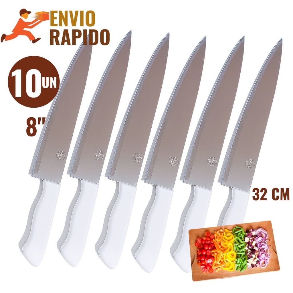 Conjunto 10 Faca Peixeira Profissional 8" Inox 32cm Cabo Branco Ergonômico Corte Afiado Cozinha Churrasco