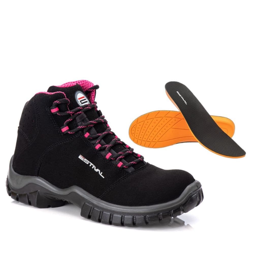 Bota De Segurança em Microfibra Preto e Rosa Estival Com Palmilha PU CA 44558