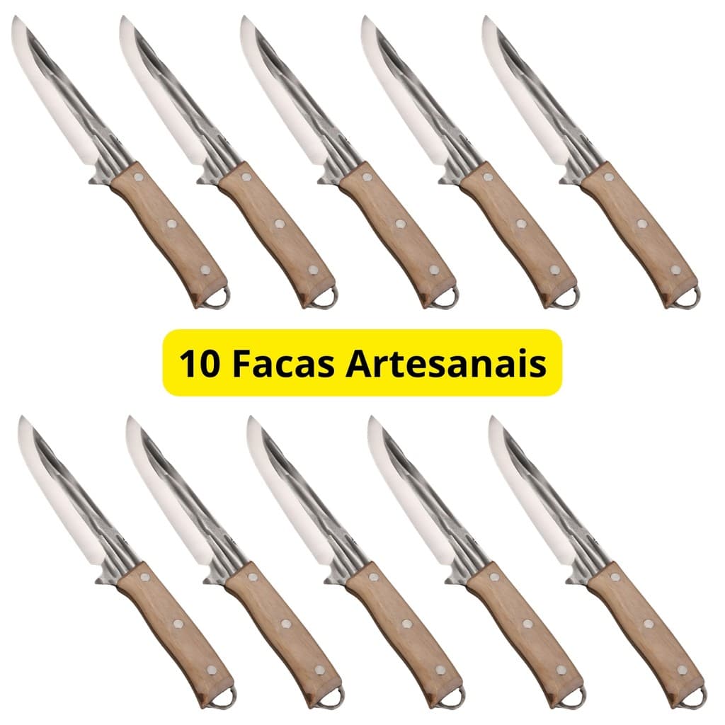 Kit 10 Facas Artesanal Cozinha Churrasco Desossa Afiada Forjada 28,3