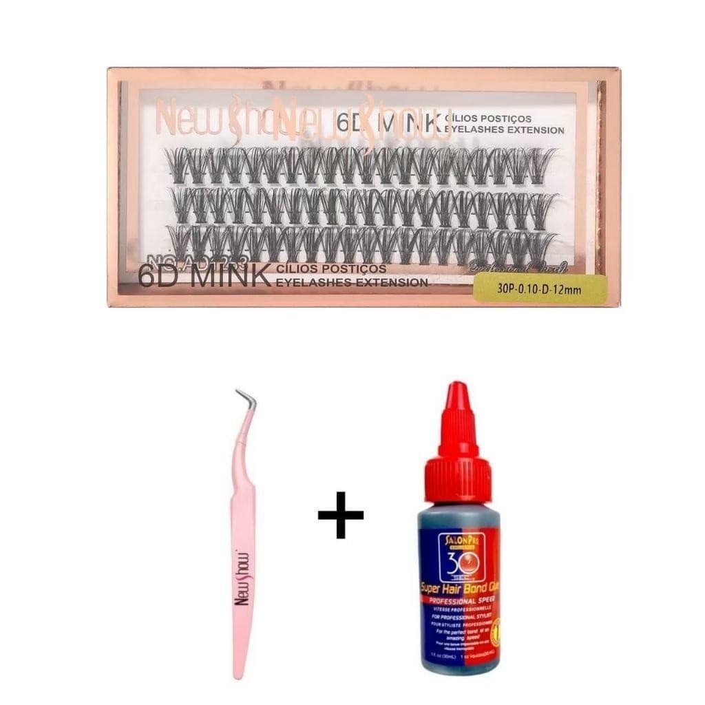 New Show Super Cola 30ml Salon Pro + Pinça Vetus +Caixa Com Cílios postiços 6D MINK 30P-Tufos Sem nó