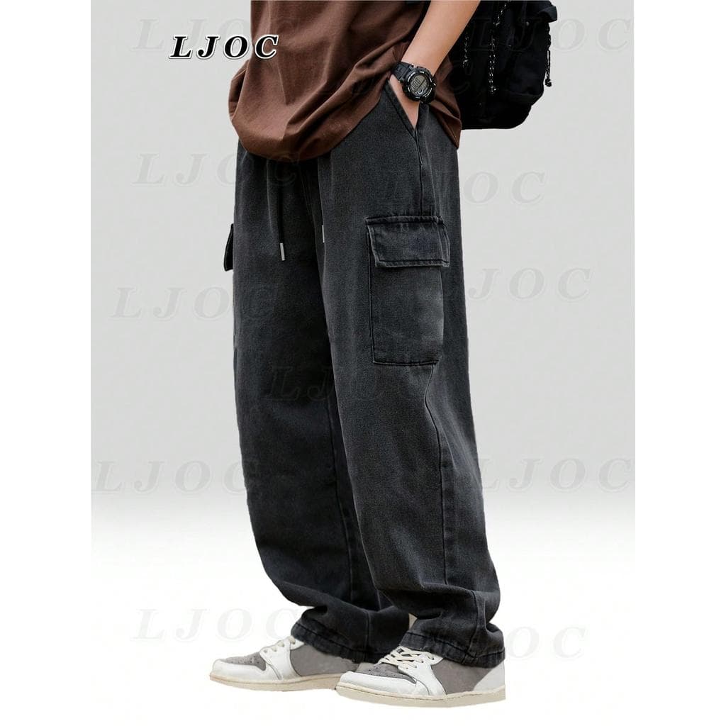 Calça Jeans Masculina Casual Cargo Denim Estonada  Elástico na Cintura Skatista Cordão Bolso Básico Novo