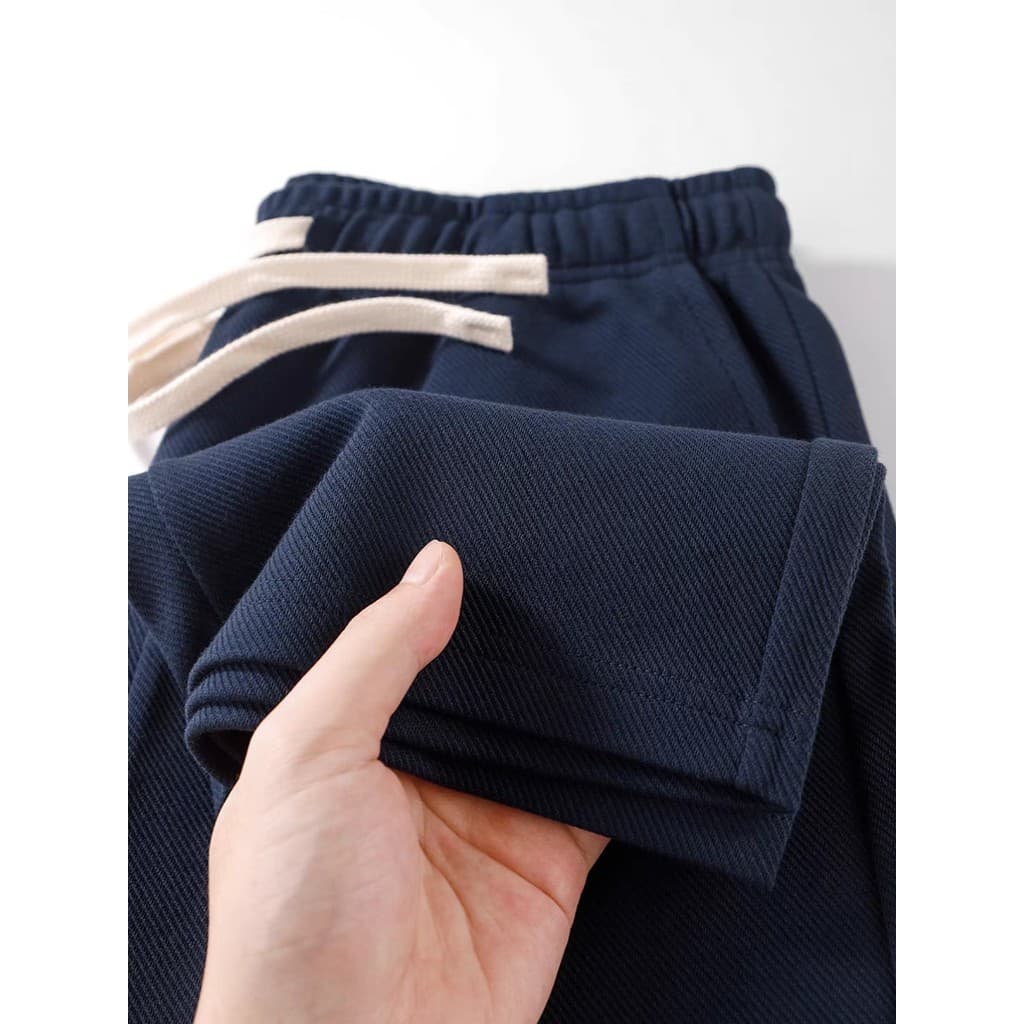 Um par de calças de moletom finas de verão!320g azul marinho All-Match sarja Drape calças retas Casual Sweatpants mascul
