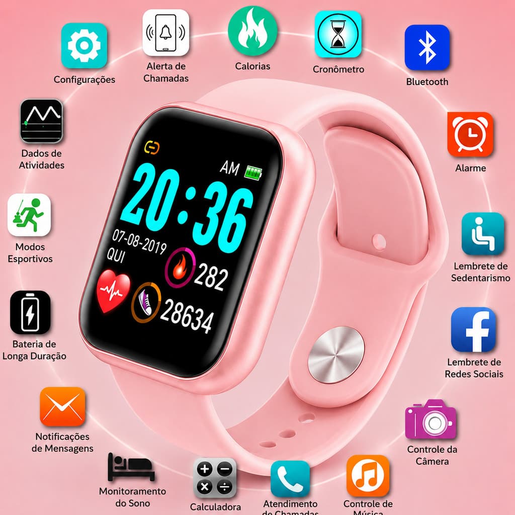 Relógio Smartwatch D20 Pro Bluetooth Coloca Foto na Tela Monitor Cardíaco Pressão Esportivo Android iPhone