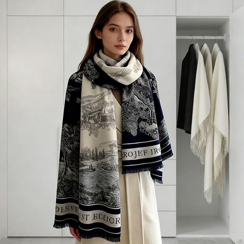 [Nova chegada] Xale externo Jacquard chinês feminino imitação de caxemira cachecol quente engrossado dupla face impressa