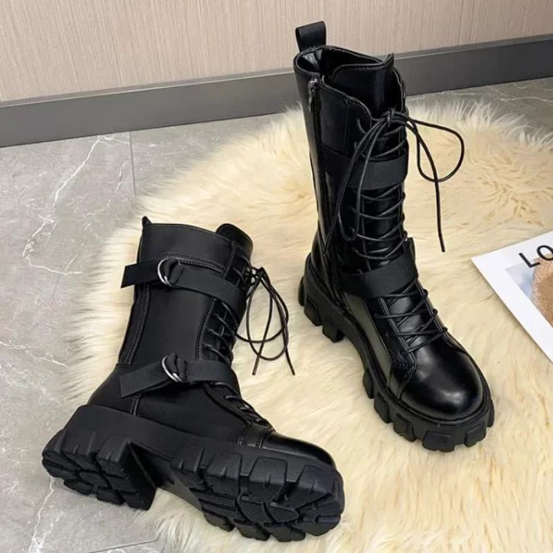 Botas femininas de cano médio, botas de motociclista, botas altas femininas para cosplay, botas pretas de salto alto est