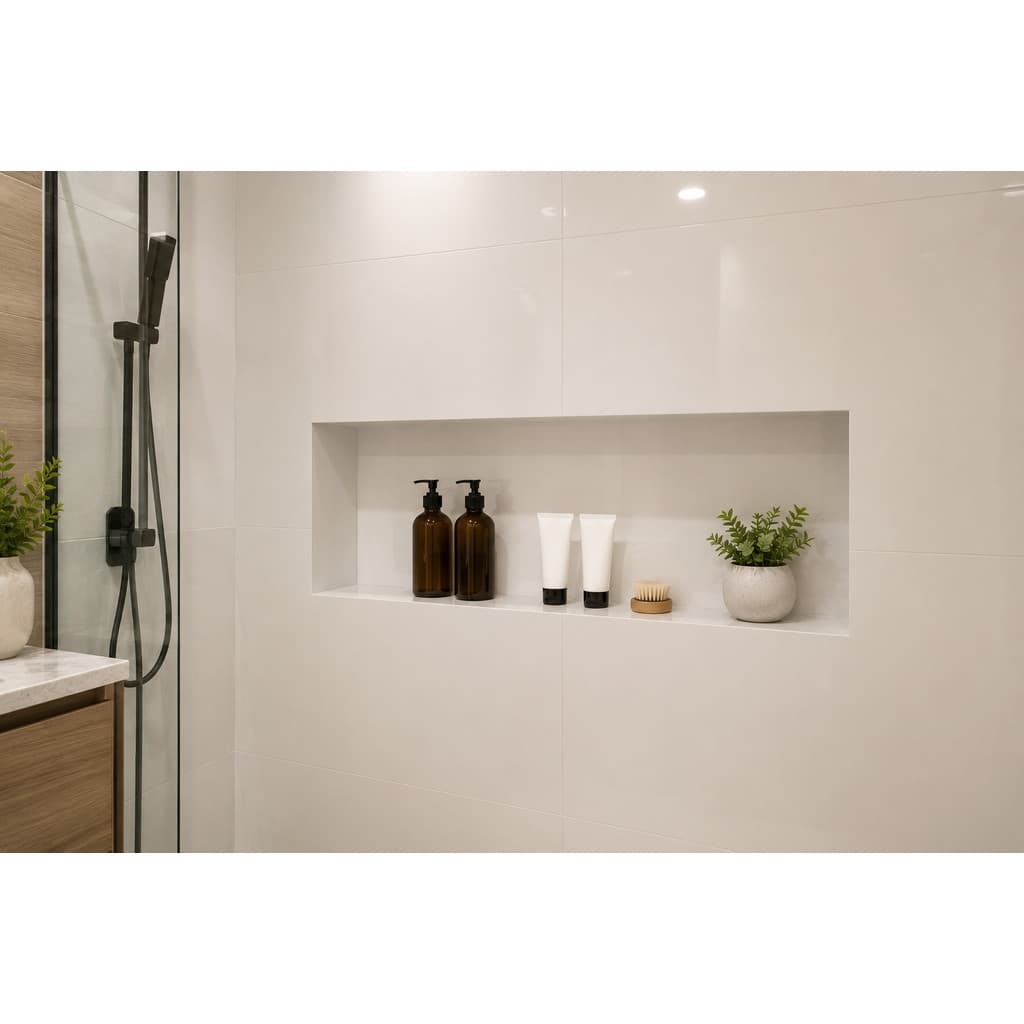Nicho De Porcelanato Branco 70x30x10 Alto Brilho Borda Infinita Não Empoça Água Organizador De Banheiro