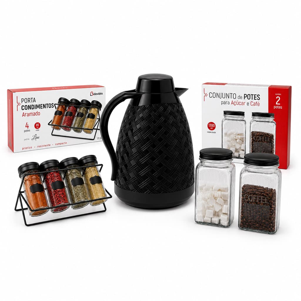 Kit Cantinho do Café BK com Porta Temperos 4 Potes de Vidro, Potes Açúcar e Café 1300ml e Garrafa Térmica 400ml