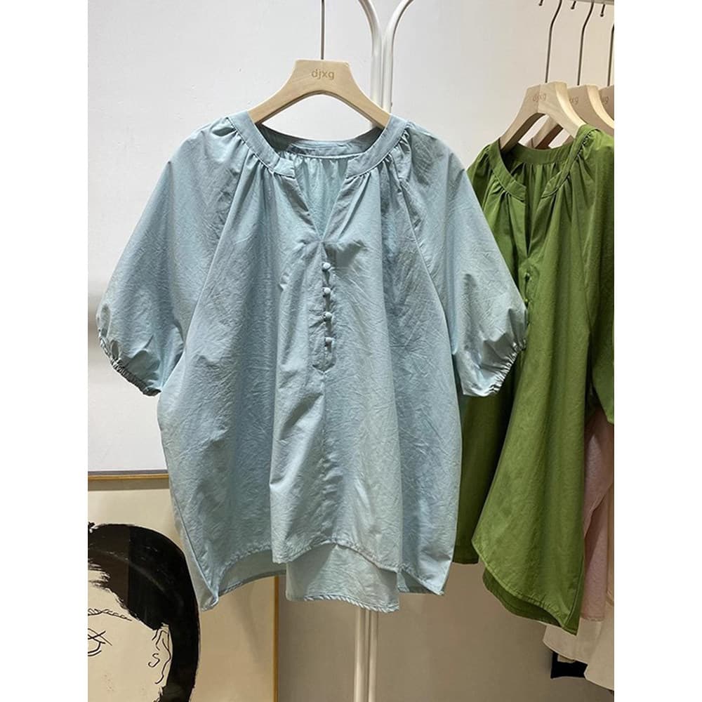 Zimo Qinghe ~ Camisa japonesa de manga curta para bebê feminina com decote em V solta e redutora de idade estilo Mori as