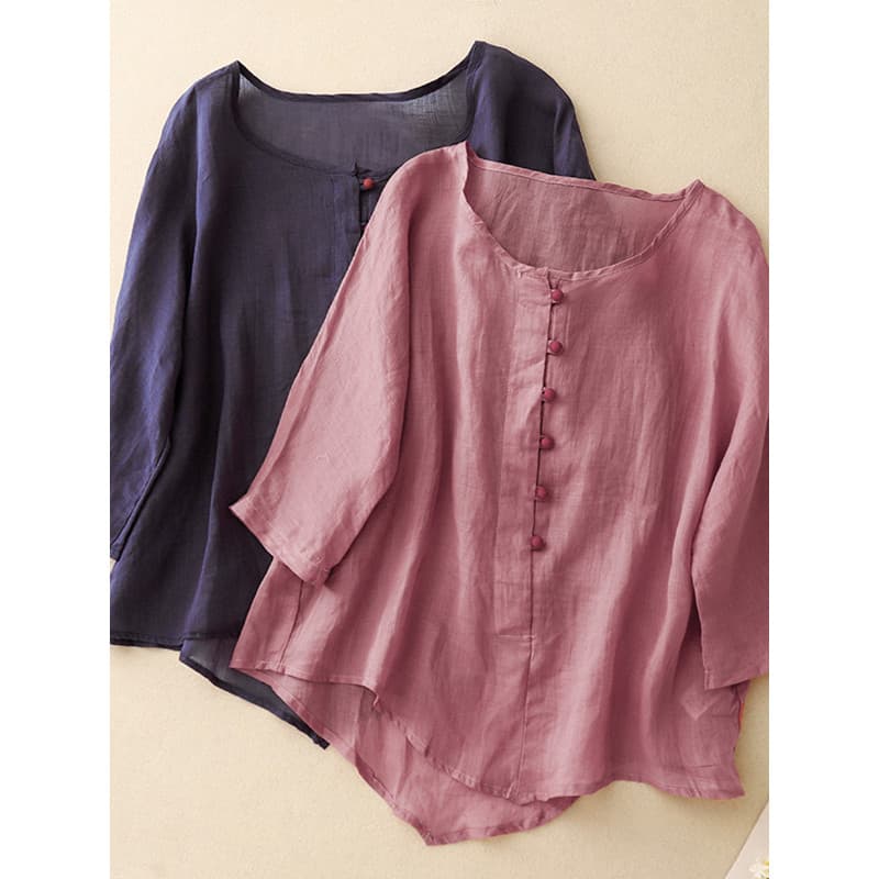 Tarde Qinghe ~ Estilo Chinês Abotoado Ramie Camisa Feminina Manga Três Quartos Irregular Linho Camiseta Pequena Camisa d