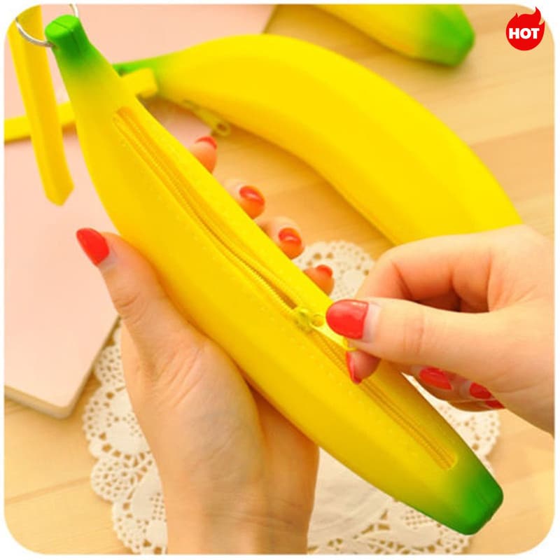 < LA > Novidade Amarelo Banana Silicone Lápis Caso Papelaria Saco De Armazenamento Dupla Bolsa Chave Carteira Promociona