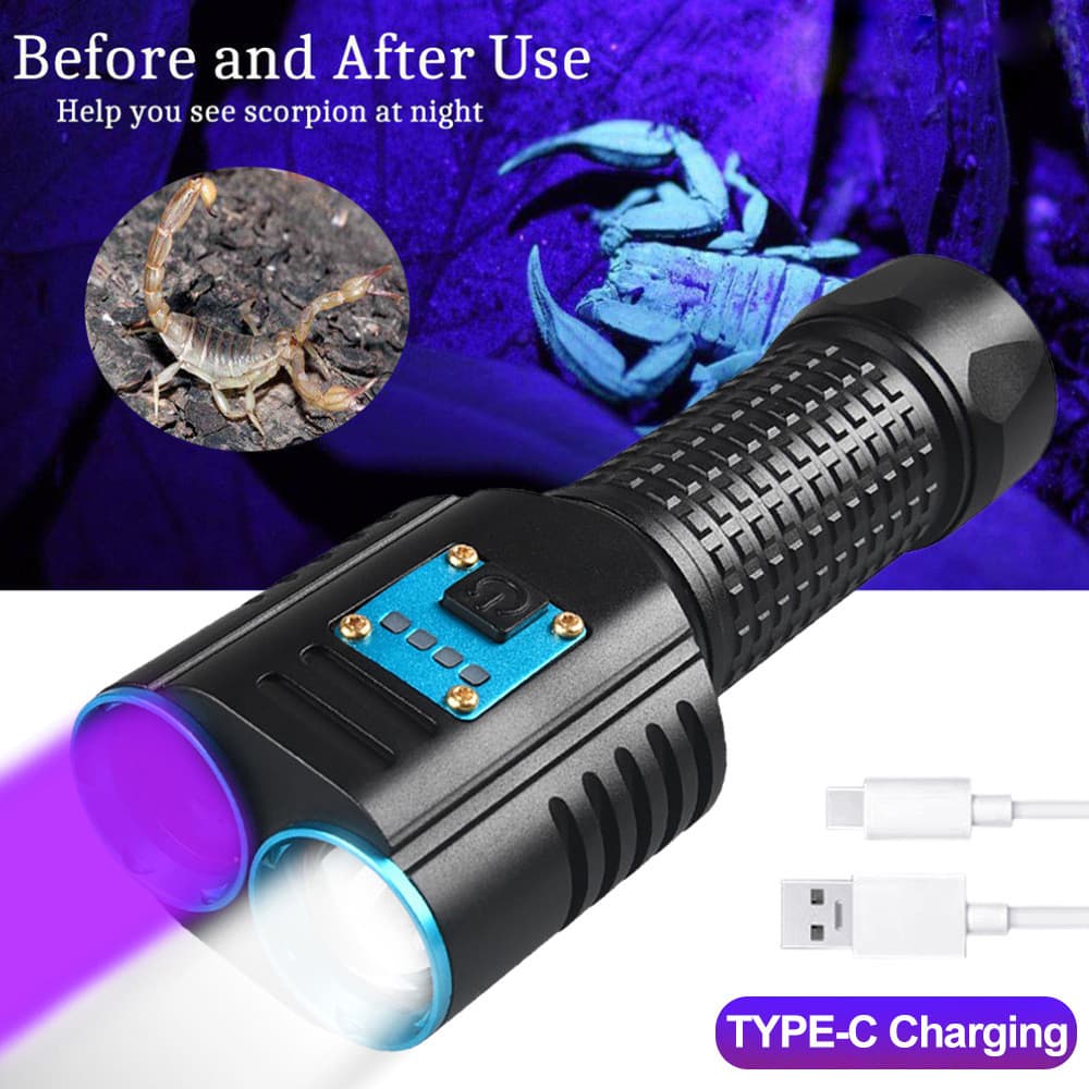 Lanterna LED 2 Em 1 Branca + 365nm UV De Luz Preta Recarregável Lâmpada De Detecção De Manchas Para Animais De Estimação