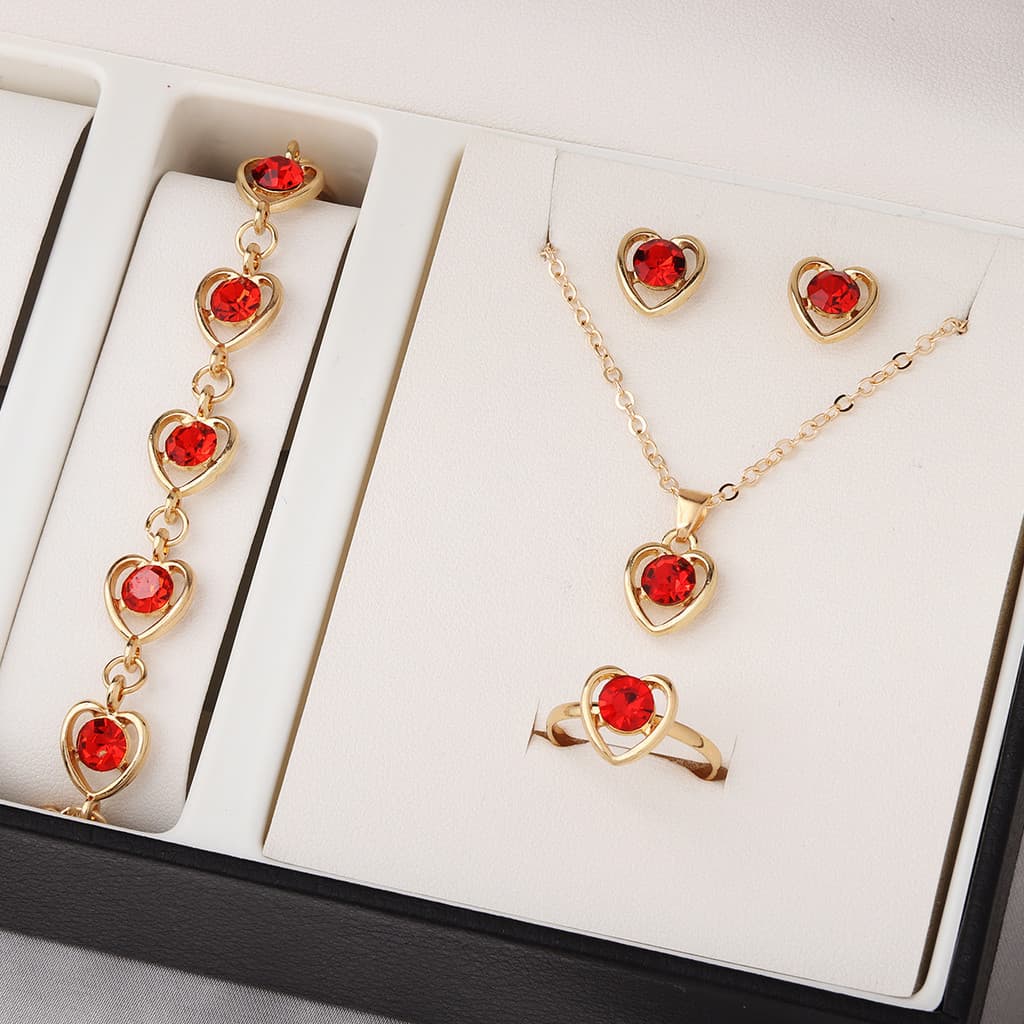Europeu americano cristal amor jóias elegante pêssego coração colar brincos anel pulseira conjunto de quatro peças