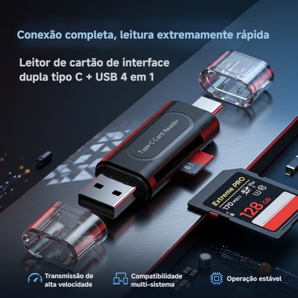 Leitor de Cartões 4 em 1 USB 3.0 + Type-C | Suporta SD, Micro SD e SDXC | Transferência até 5Gbps | Compatível com Andro
