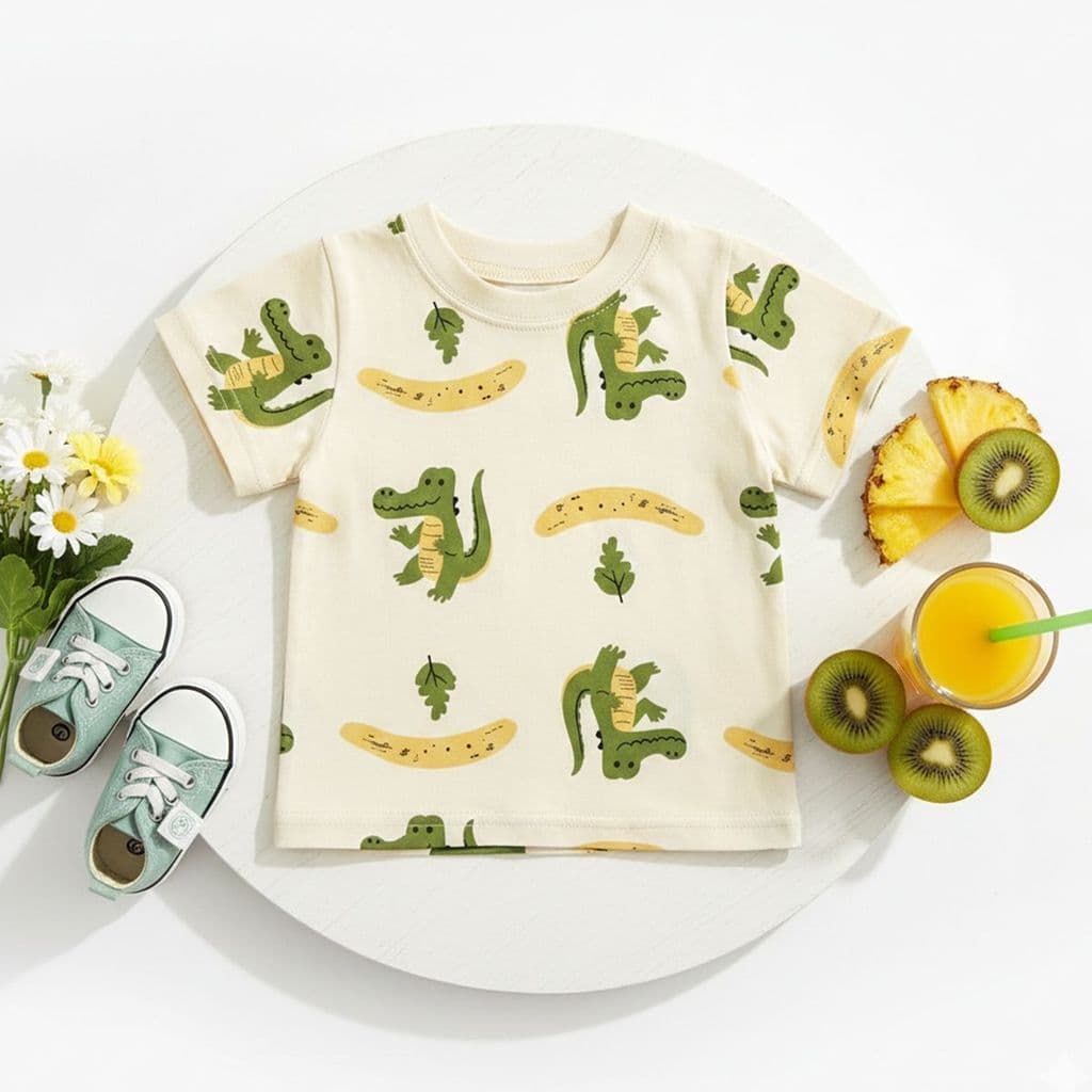 Camiseta infantil com estampa de crocodilo, primavera verão, manga curta, pulôver de desenho animado, roupas de algodão