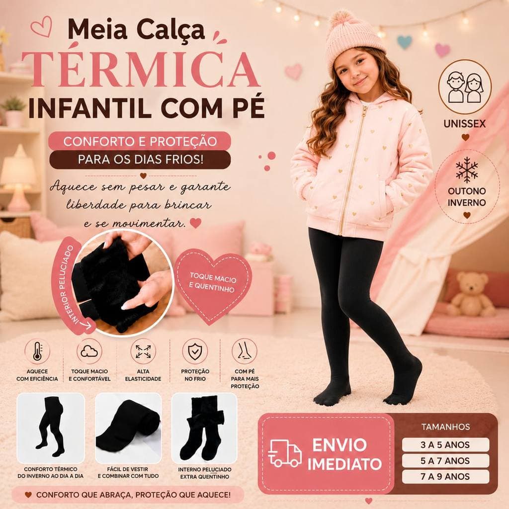 Meia Calça Térmica Com Pé Peluciada Infantil Unissex | Fio 80 Inverno Menina e Menino