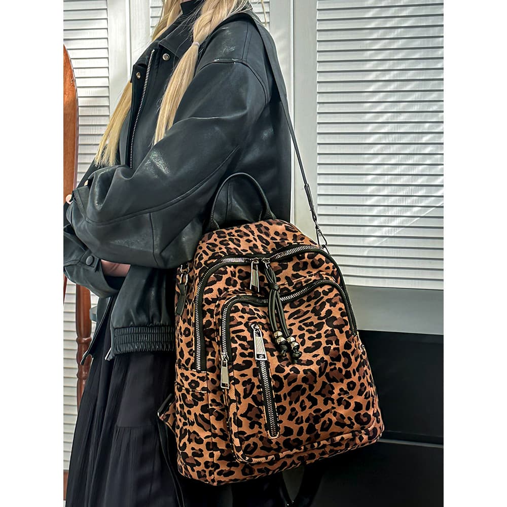 Europeu americano moda luz luxo mochila feminina leopardo impressão repelente de água leve mochila de viagem dupla utili