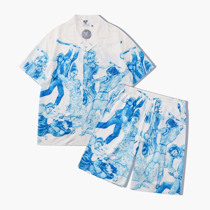 11 primavera verão masculino street Wear rua juventude personagem impressão Digital lapela solta Casual camisa de manga